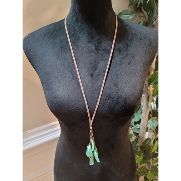 Women's Long Suede Necklace With Turquoise Stone Drops And Bead Slide Lock - Picture 2 of 5